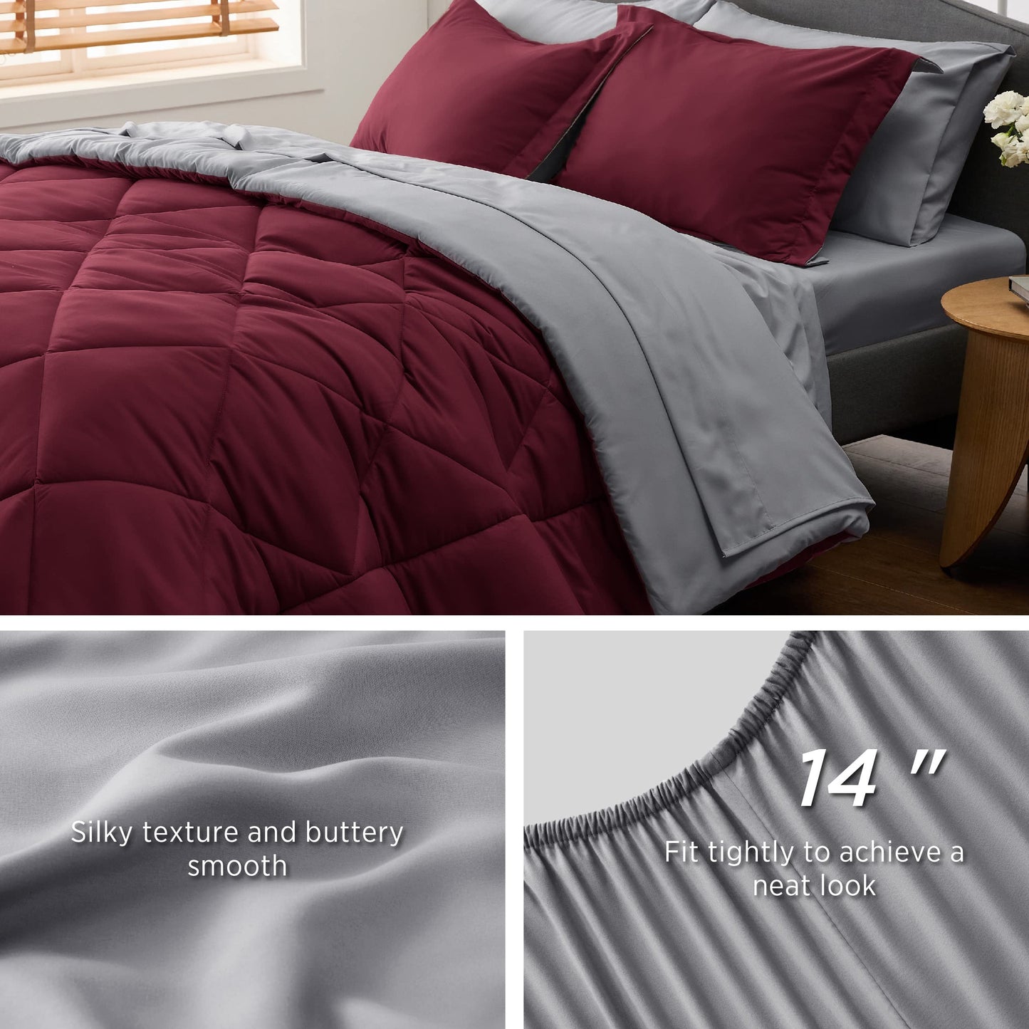 Bedsure Burgundy Twin Comforter Set - 5 Pieces Reversible Twin Bed in a Bag, Extra Long Twin Bed Set with Comforters, Sheets, Pillowcase & Sham, Twin Bedding Sets for College