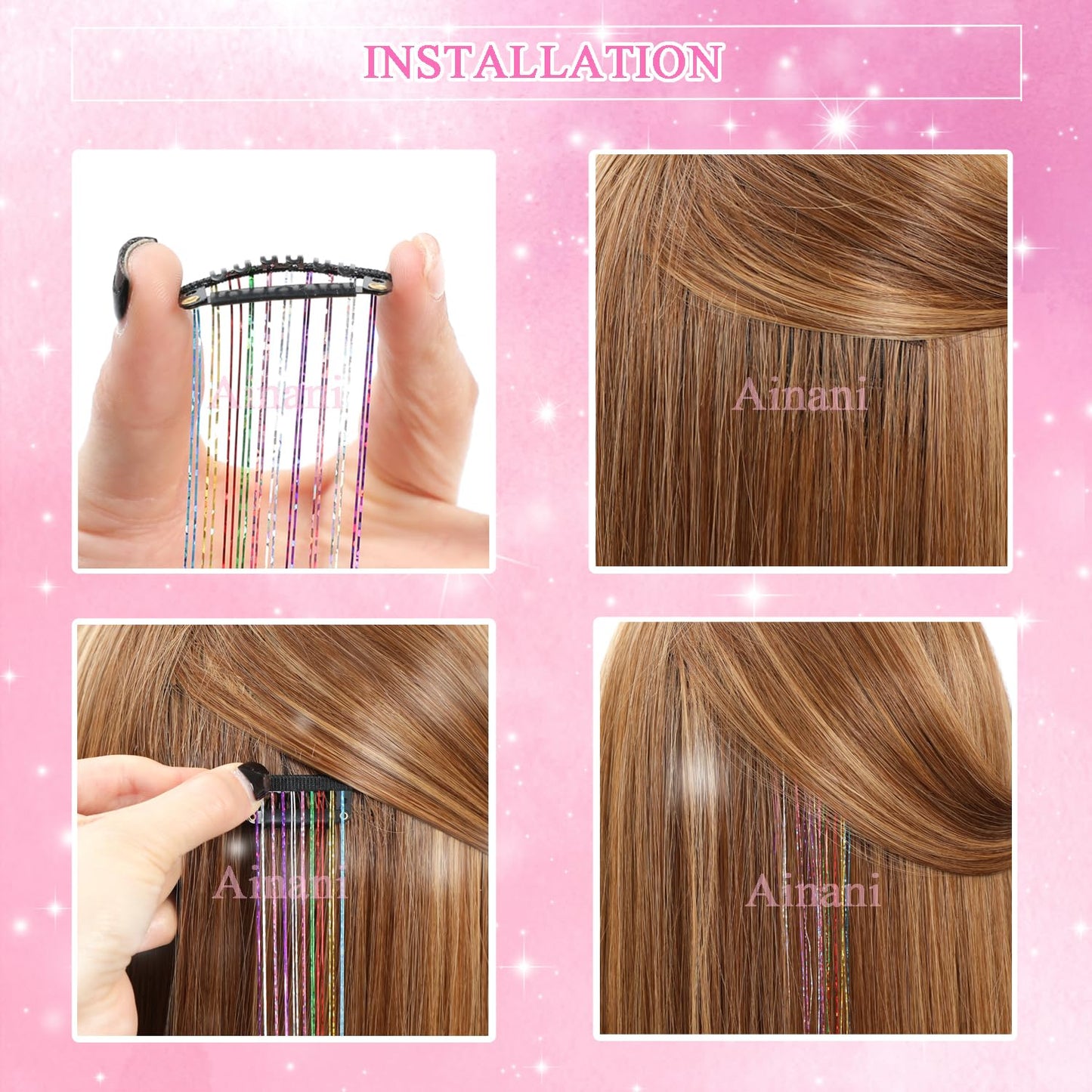 12Pcs Hair Tinsel Clip in 20Inch Glitter Tinsel Hair Extensions Fairy Hair Clip in Hair Tinsel Heat Resistant, Colorful Pink Sparkly Hair Accessories for Girls Women Kids (Pink 6Pcs+Colorful 6Pcs)