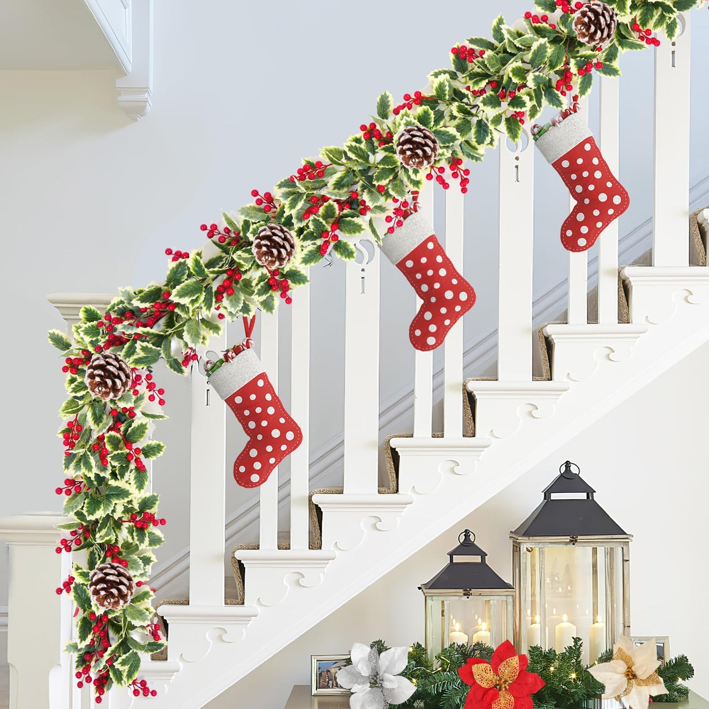 Christmas Garland, 2Pcs Red Berry Garland with Pine Cones, Green Garland Christmas Decorations Indoor, Christmas Tree Garland for Mantle Holly Outdoor Home Table New Year Decor