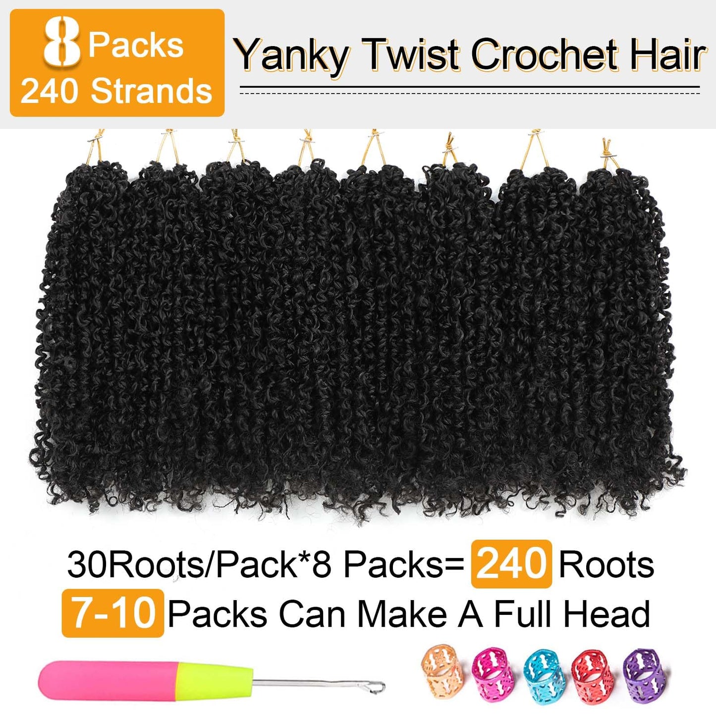 Aksice Pre-looped Yanky Twist Crochet Hair 10 Inch 8 Packs Bohemian Passion Twist Spring Mini Twist Crochet Hair for Black Women Boho Crochet Braids Synthetic (1B#)