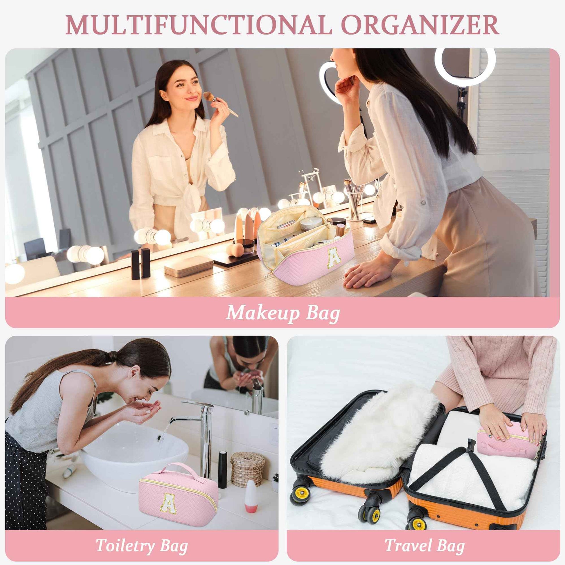 Makeup Bag Travel Toiletry Bag, Personalized Initial Pink Makeup Bag, Gift for Women Gils, Large Capacity Leather Cosmetic Bags, Waterproof Open Flat Organizer for Christmas, Halloween & Thanksgiving