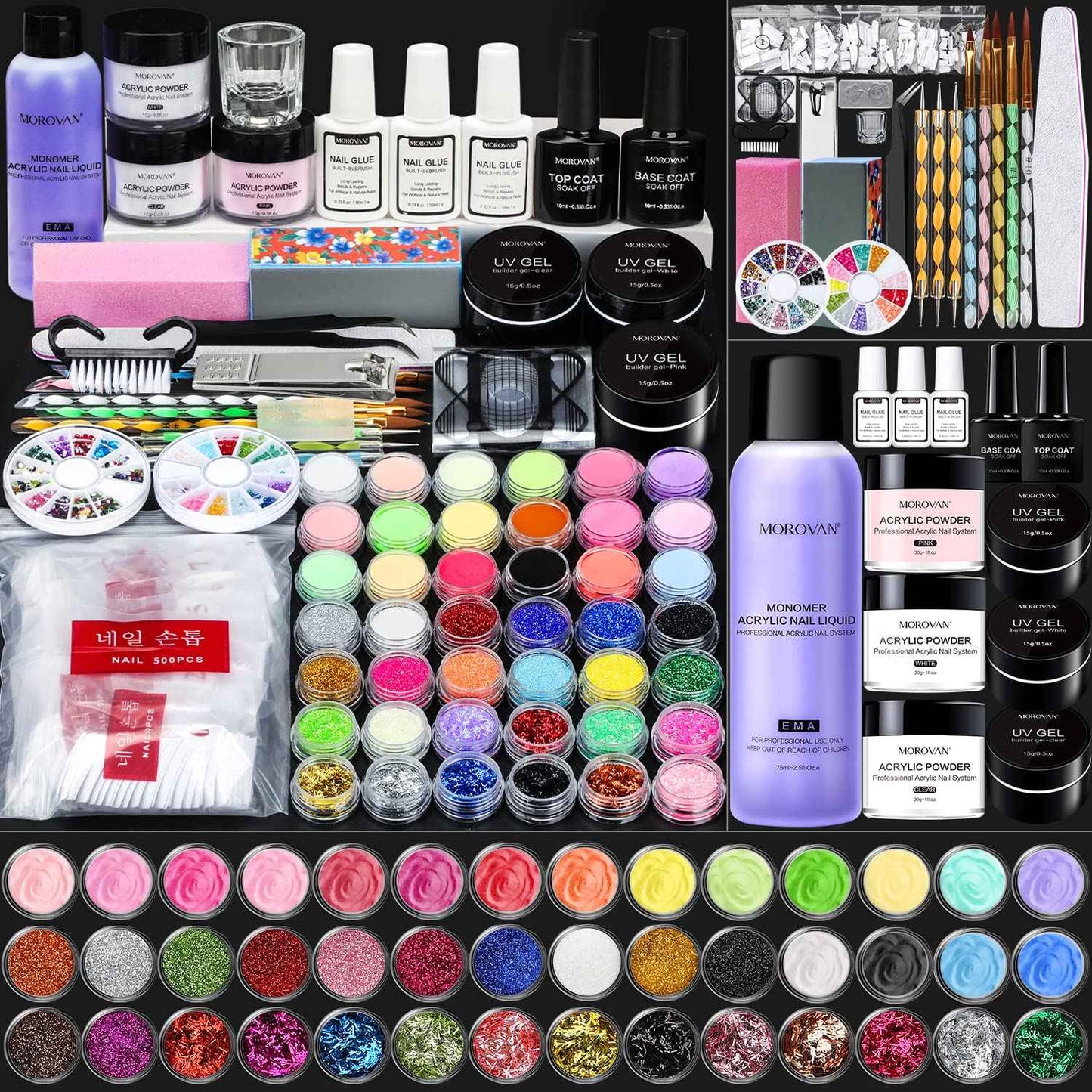 Morovan Acrylic Nail Kit - Professional Acrylic Nail Kits Set Acrylic Powder Set with Everything for Beginners Glitter Powder Acrylic Brush for Nail Art Extension