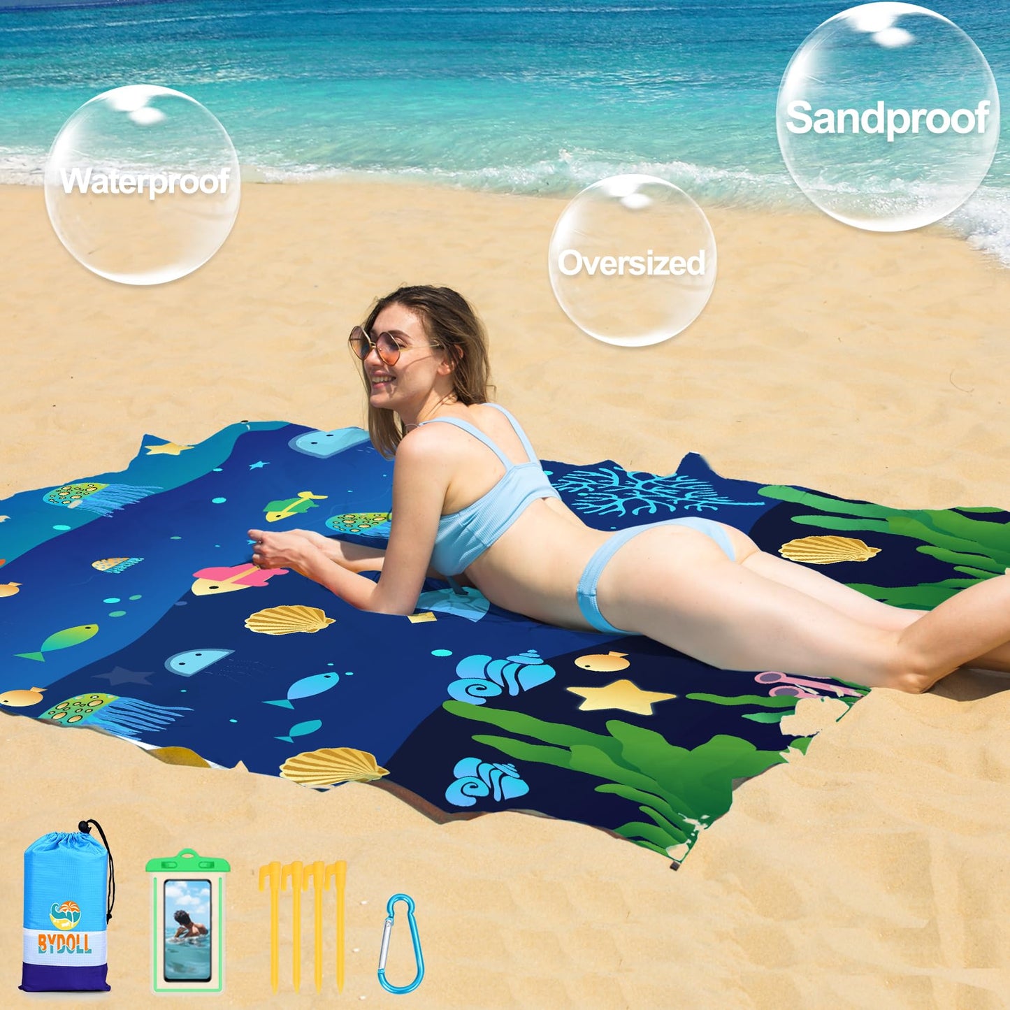 BYDOLL Beach Blanket 78''×81'' 1-5 Adults Oversized Lightweight Waterproof Sandproof Beach Blanket Large Picnic Mat Beach Blanket for Beach Travel Camping Hiking Picnic