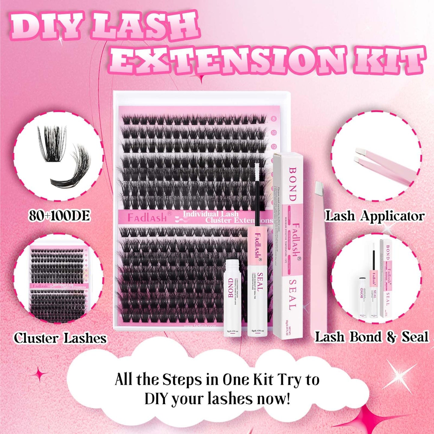 FADLASH Lash Extension Kit 80D+100D Lash Clusters D Curl Lash Cluster Kit DIY Eyelash Extension Kit with Lash Bond and Seal Lash Tweezers 3D Effect fluffy Cluster Lashes(80+100D Kit, Mix 8-16mm)