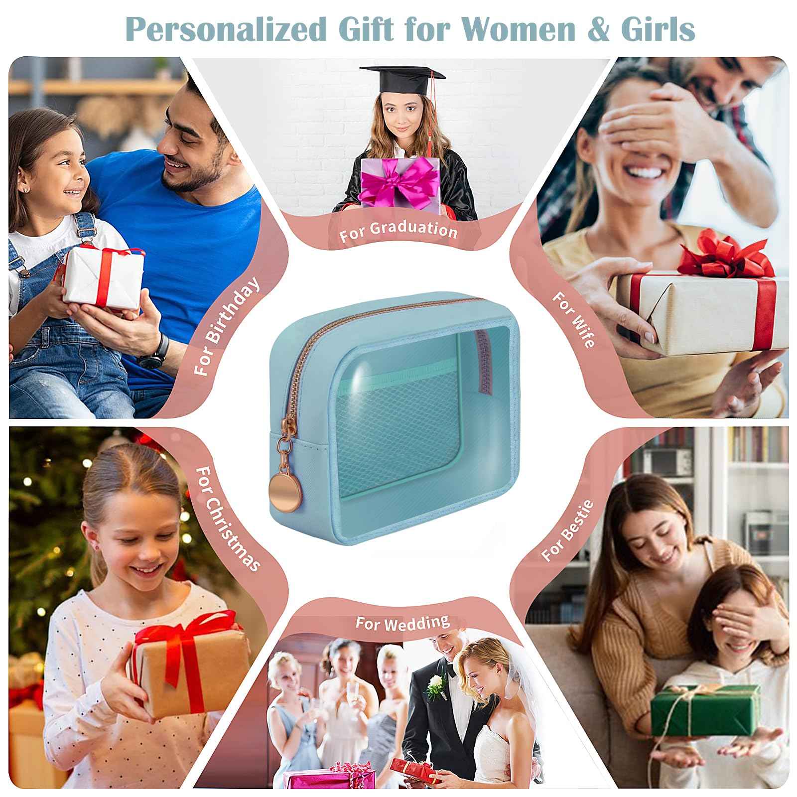 Clear Cosmetic Bag Makeup Bag, Clear Zipper Pouch Cosmetics Bags Cute Womens Make Up Pouches, Clear Toiletry Travel Bag Tote, Preppy Purse Cosmetic Organizer Mini Small Large Makeup Bags,Blue