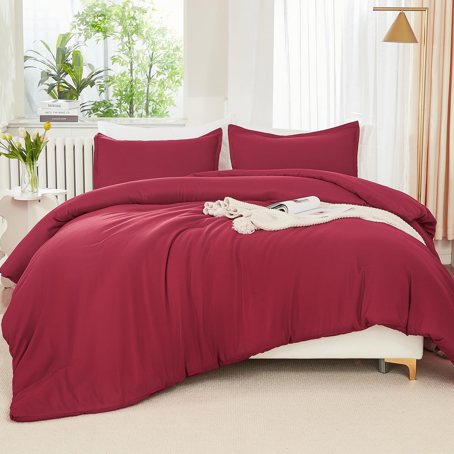 Litanika Burgundy Red Comforter Set Twin/Twin XL Size, 2 Pieces Lightweight Solid Bedding Comforter Set, All Season Fluffy Bed Set (66x90In Comforter & 1 Pillowcase)