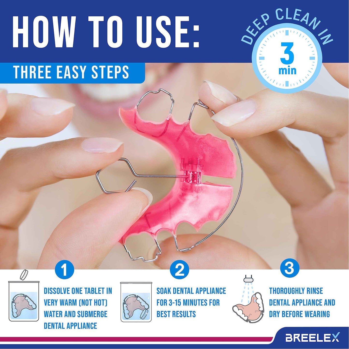 Breelex Denture Cleaning Tablets - 120 Retainer Cleaner Tablets for Aligner, Mouth & Night Guard - FSA HSA Approved Products - Dental Cleanser for Nightguard - Fresh in 3 Minute - Denture Cleaner