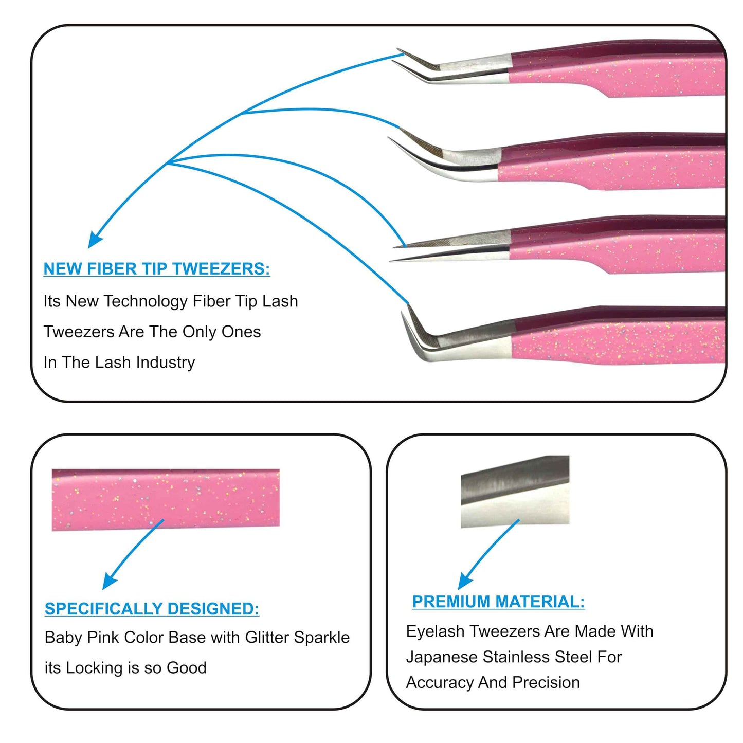LUMESS Alishba Beauty Eyelash Extension Tweezers, Precision Fiber Tip Grip Japanese Stainless Steel (Set of 4 Eyelash Tweezer) (GLITTER PINK)