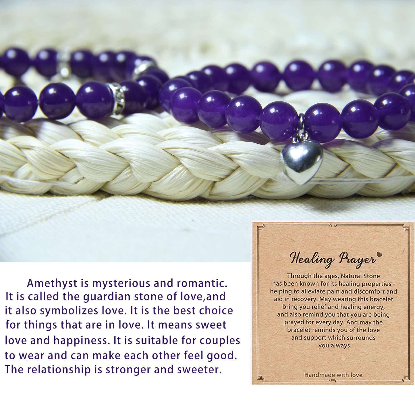 Healing Bracelets for Women - Amethyst Bracelet - Healing Prayers Crystal Bracelet, 8mm Natural Stone Anti Anxiety Stress Relief Yoga Beads Get Well Soon Gifts