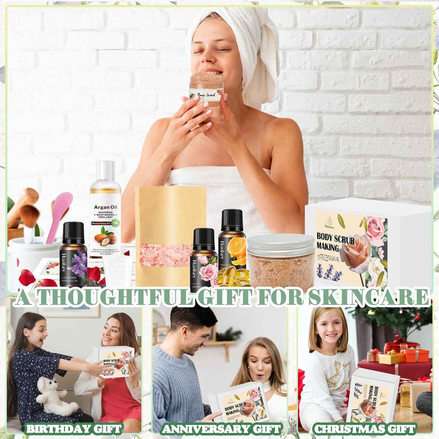 THALUNA Body Scrub Making Kit, Salt DIY Body Scrub Kit to Make Your Own Spa Kit with Pink Salt, Argan Oil, Essential Oils, Moisturizing Gentle Exfoliating Bath Sets for Women Gift Christmas Gift Girls