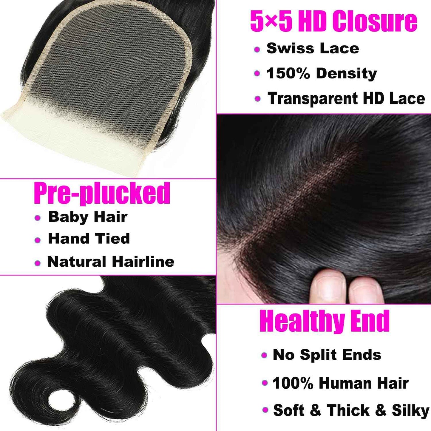 18Inch Body Wave Hair Closure Invisible Lace 5x5 Hd Lace Closure Human Hair 150% Density Real Transparent Lace Closure Virgin Remy Human Hair Frontal Closure Pre Plucked Natural Black