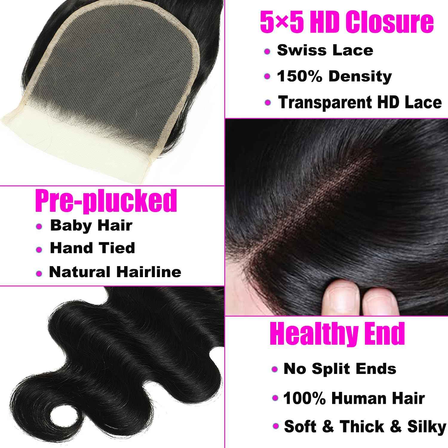 18Inch Body Wave Hair Closure Invisible Lace 5x5 Hd Lace Closure Human Hair 150% Density Real Transparent Lace Closure Virgin Remy Human Hair Frontal Closure Pre Plucked Natural Black