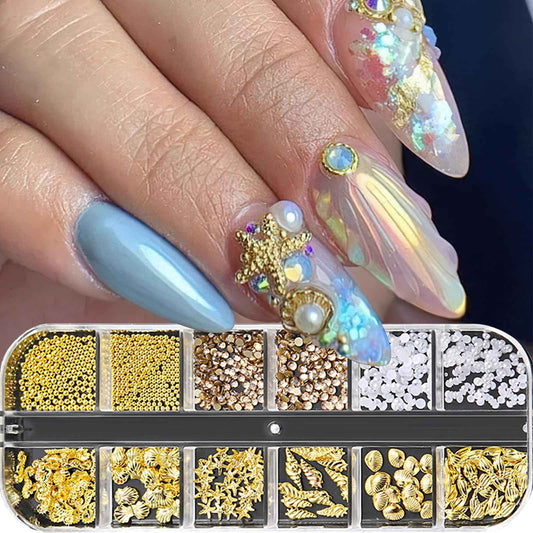 Jremg Summer Nail Charms 3D Steel Studs Metal Art Charms Seashell Starfish Gold Nail Rhinestones Pearls Ocean Theme Designs 12 Grids