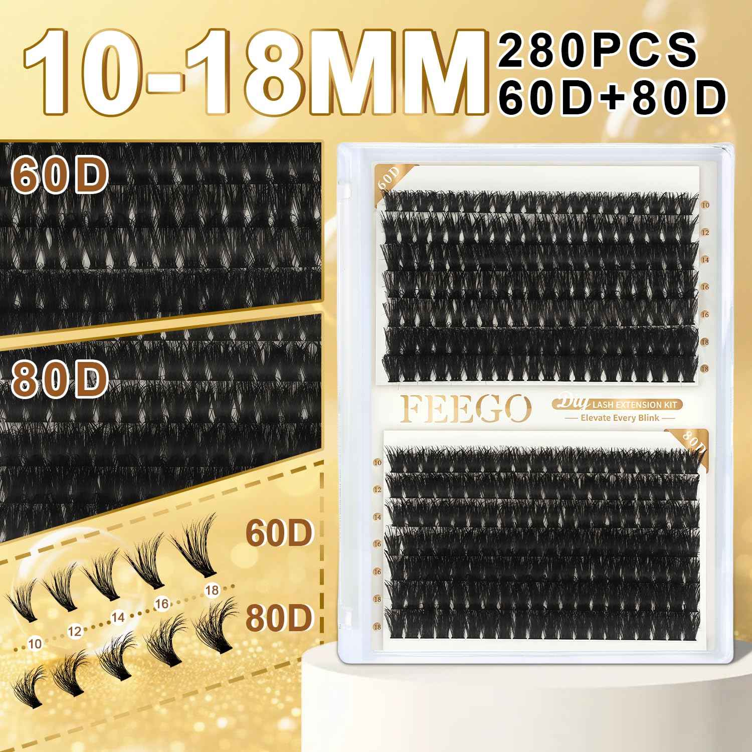 FEEGO Volume Lash Clusters Kit Eyelash Extensions Kit Lash Clusters DIY Lash 280pcs Individual Lashes Clusters 60D+80D D Curl Lashes, Double-headed mascara brush, Remover (6080D Charming Kit)