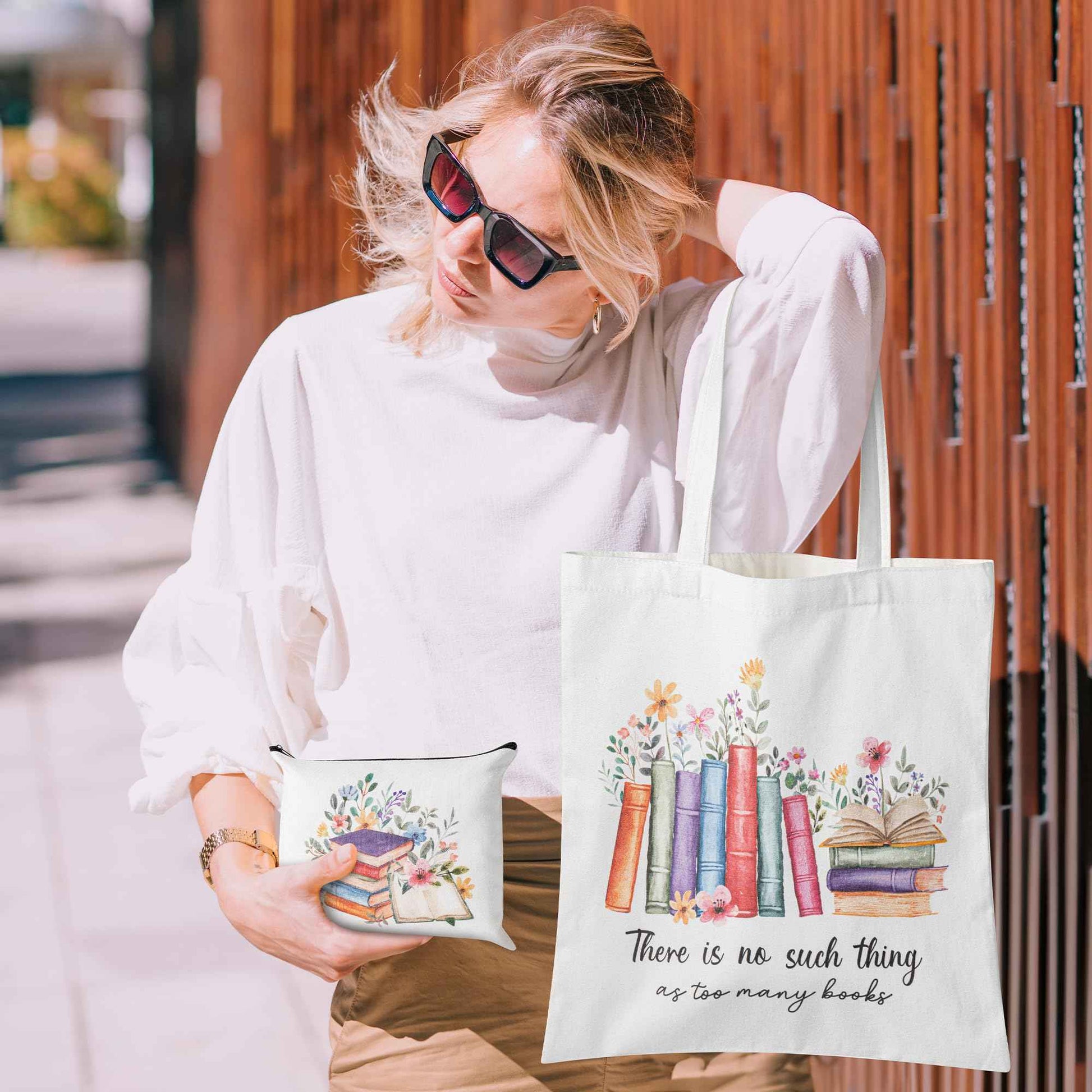 Y1tvei Aesthetic Canvas Tote Bag - 2Pcs Colorful Reading Canvas Cosmetic Bag Set There Is No Such Thing As Too Many Books Tote Bag Makeup Reusable Grocery Bags Black to School Gift for Women Girls