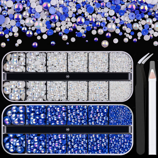 2 Boxes Flat Back AB Pearls Kit 6 Flatback White&Royal Blue AB Half Round Pearls 2-8mm with Pickup Pencil and Tweezer for Home DIY and Professional Nail Art, Face Makeup and Craft