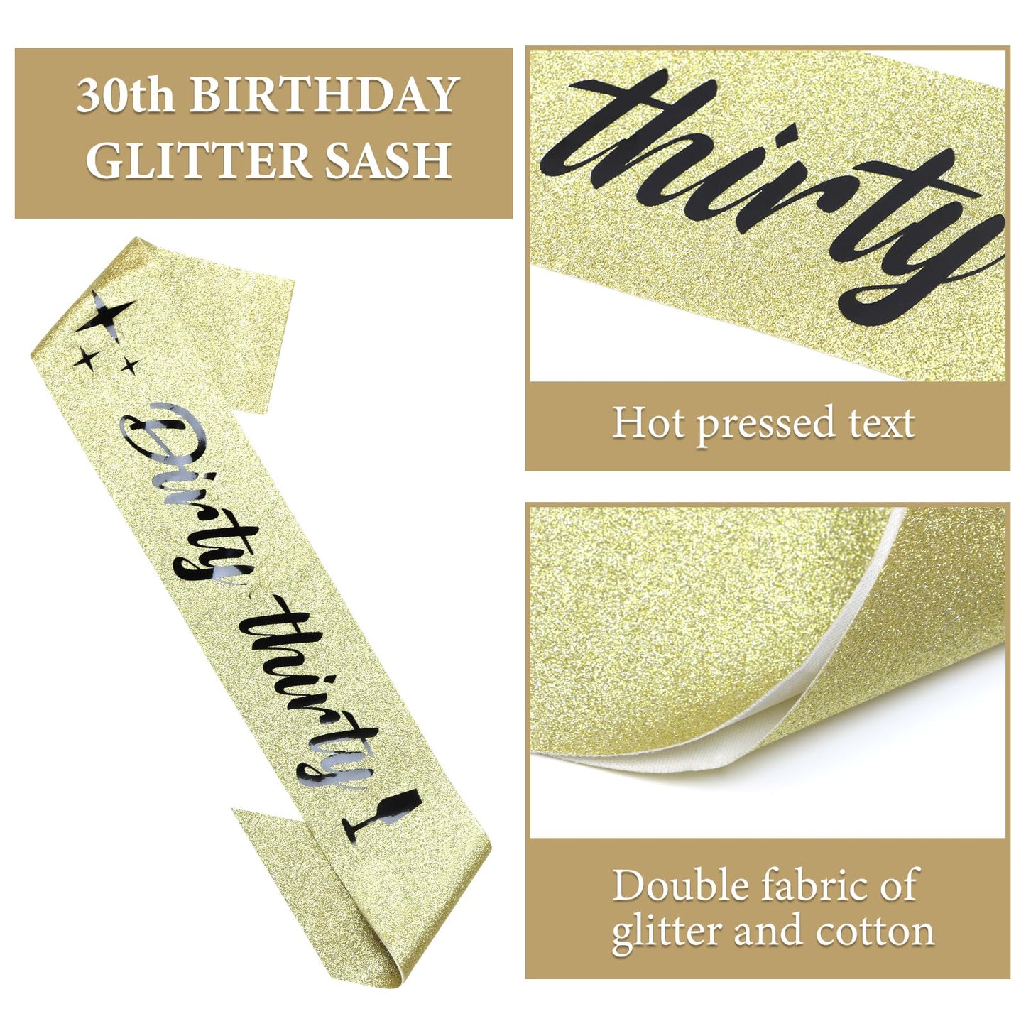 30th Birthday Sash & Rhinestone Dirty 30 Birthday Headband Kit- "Dirty thirty" Birthday Sash Happy 30th Birthday Decorations for Women 30th Birthday Gifts Party Decorations (Gold)