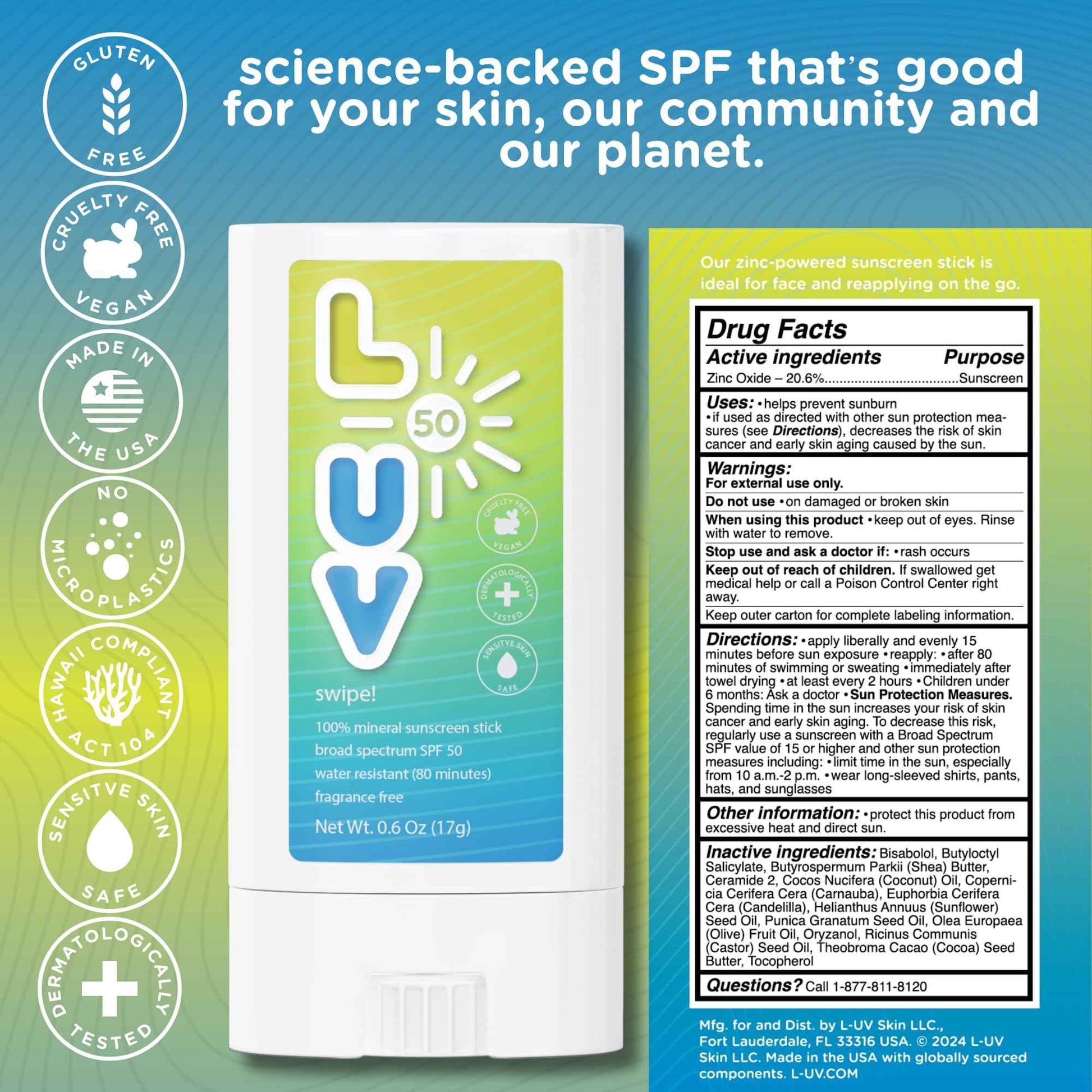 L-UV swipe! SPF 50 Mineral Sunscreen Stick, Broad-Spectrum Protection Against UVA & UVB Rays, Perfect For Everyday Activities & Outdoor Adventures, Lightweight Sun Protection, Sensitive Skin Safe.