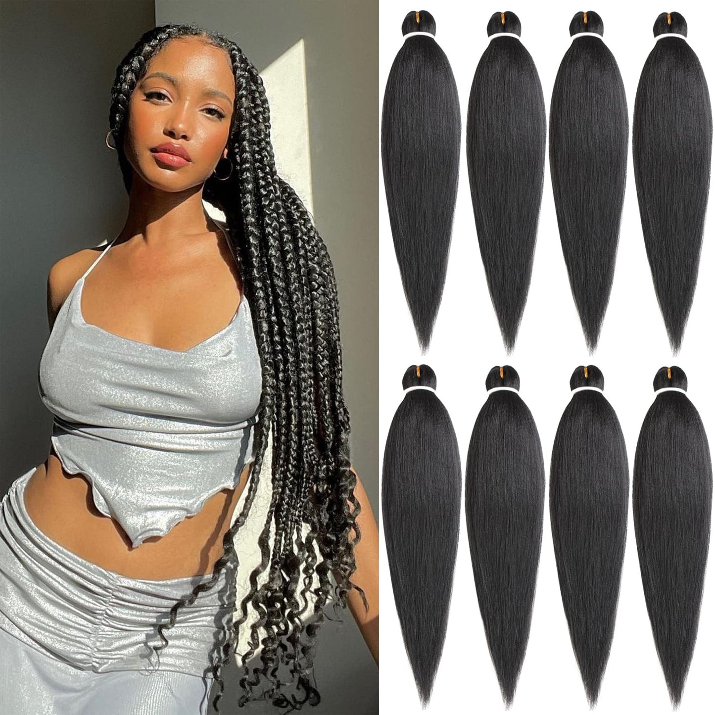 Leeven Black Pre stretched Braiding 36 Inch 8 Packs Perm Yaki Hair Lot Hot Water Setting Synthetic Fiber Crochet Braids Crochet Hair Professional Braiding Hair Extension Passion Twist Braids(1B#)