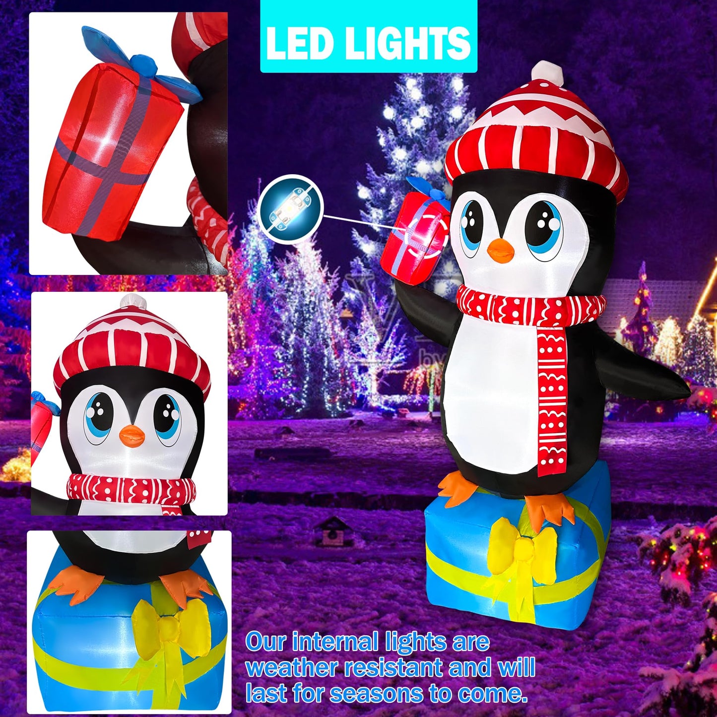 JOYEASE 5.5 FT Christmas Inflatables Penguin Standing in Gift Box Decorations LED Lighted Xmas Christmas Blow ups for Party Indoor Outdoor Garden Yard Decor