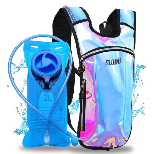 SOJOURNER Hydration Pack Backpack - 2L Water Bladder Included for Festivals, Raves, Hiking, Biking, Climbing, Running and More (Iridescent - Blue)