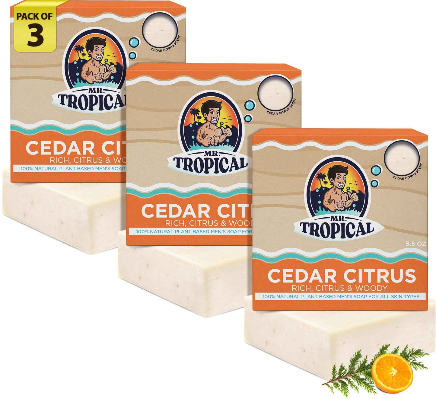 Mr. Tropical Cedar Citrus Natural Scent Handmade Organic, Essential Oils Men's Soap Bar Beard Body, Face Wash Bath Nourishing Bar Soap - 5.5 Ounce - Pack of 3
