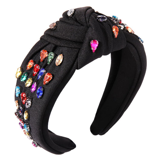 BVGA Rhinestone Knotted Headband for women Sparkly Rainbow Crystal Embelishied Wide Hairbands Twist Turband Headead (black)