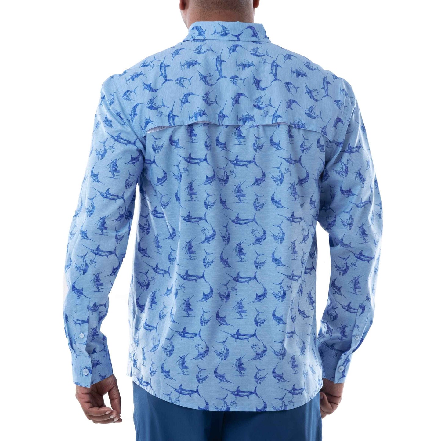 Guy Harvey Men's Long Sleeve Performance Fishing Shirt, Powder Blue, Large