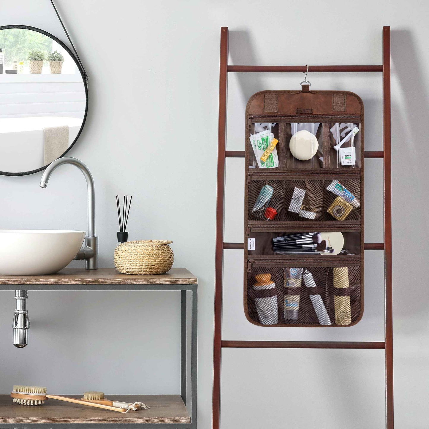 PAVILIA Hanging Toiletry Bag Men Women, Travel Kit Foldable Large Toiletries Organizer, Roll up Cosmetics Makeup Bag Accessories, Waterproof Essentials Dopp Case (Brown)