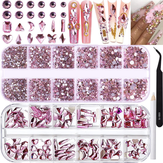 BELICEY Nail Art Rhinestones Pink Flatback Round Rhinestones Charms Nail Gem Stones with K9 Bling Glass Crystals Diamonds Jewelry for Nail Design DIY Crafts Face Decoration