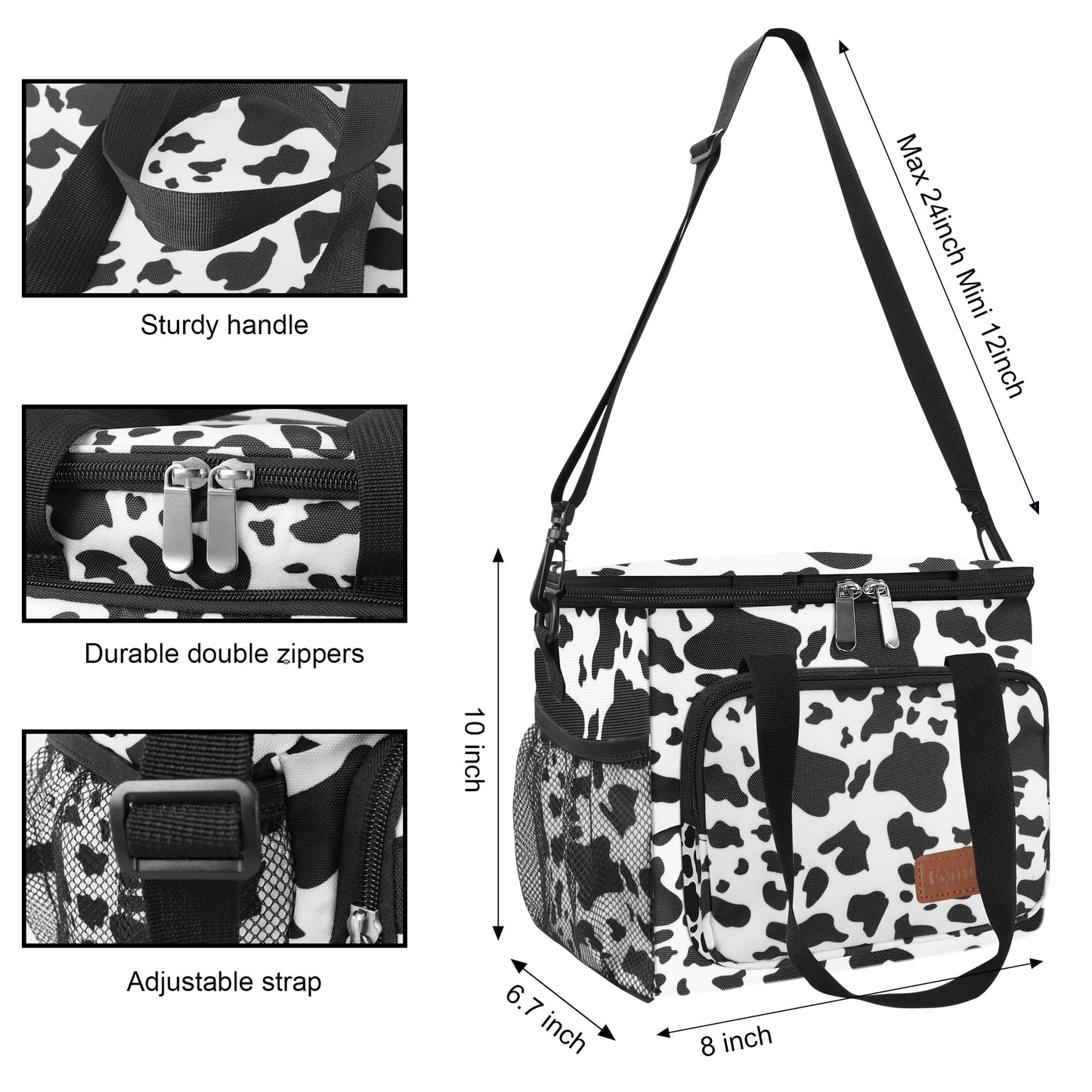 Femuar Lunch Bags for Women/Men, Insulated Lunch Bag for Work Office - Lunch Cooler Bag Leakproof Lunch Box with Adjustable Shoulder Strap - Cow print