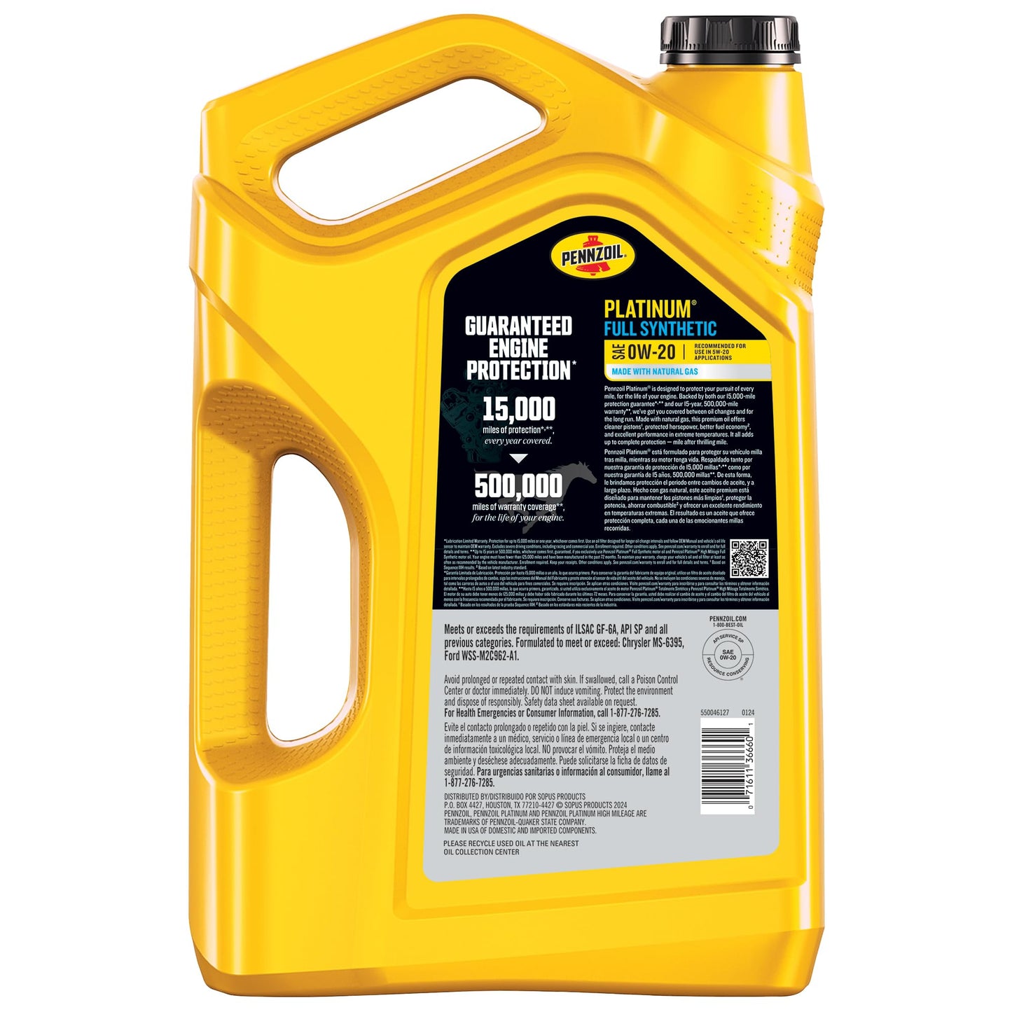 Pennzoil Platinum Full Synthetic 0W-20 Gasoline Engine Oil, 5 Quart