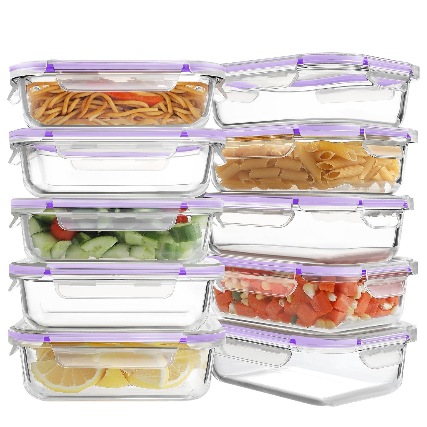 HOMBERKING 10 Pack Glass Meal Prep Containers, Glass Food Storage Containers with Lids, Airtight Glass Lunch Bento Boxes, BPA-Free & Leak Proof (10 lids & 10 Containers) - Purple