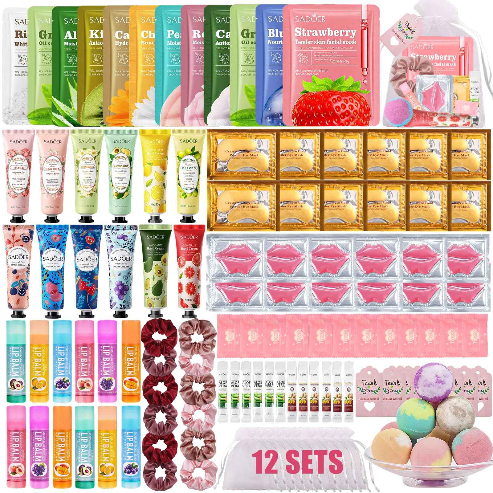 132PCS Spa Party Supplies for Women, Spa Party Favors Include Face Masks, Hand Cream, Lip Balm, Under Eye Patches, Lip Mask, Foot Bath Bombs, Hair Band, Spa Birthday Sleepover Party Supplies for Girls