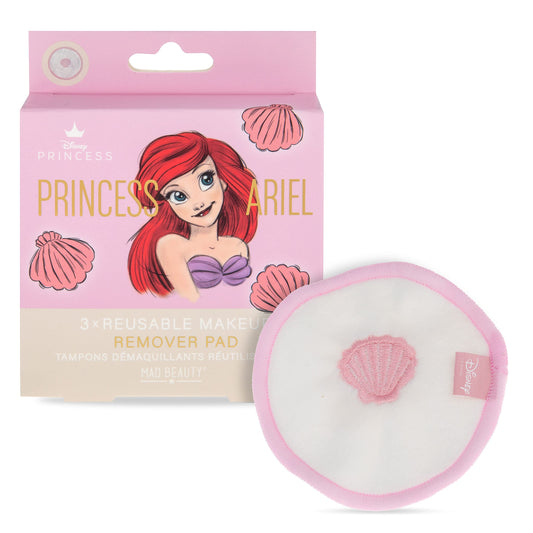 MAD BEAUTY Disney Pure Princess Ariel Reusable Make-Up Remover Pads (3-Pack), Pink Shell Design Cotton, Cleanse Away Make-Up & Impurities from Skin, Self-Care Routine, The Little Mermaid