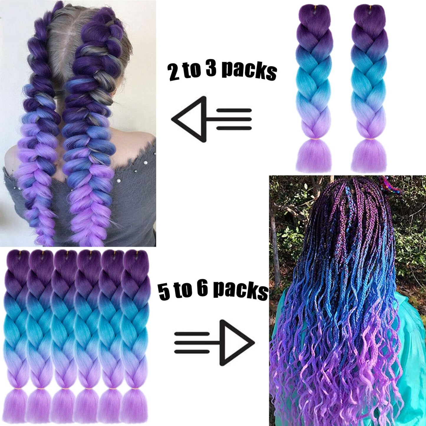 TENGSHUO FLY Black to Purple Red to Royal Blue Braiding Hair 1 Packs Synthetic Braid Hair Extensions Ombre Braiding Hair 24" or Box Braids Twist Crochet Braids(24"1Pack,Black-Purple Red-Royal Blue)