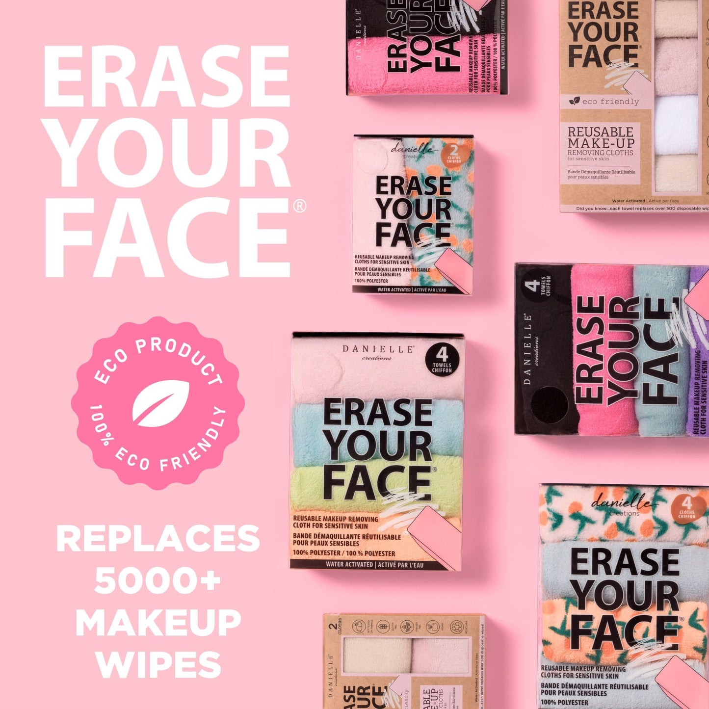 ERASE YOUR FACE Face Reusable Makeup Removing Cloths With Friendly Packaging By Danielle Enterprises 4 pack D50007, ECO, 1 Count