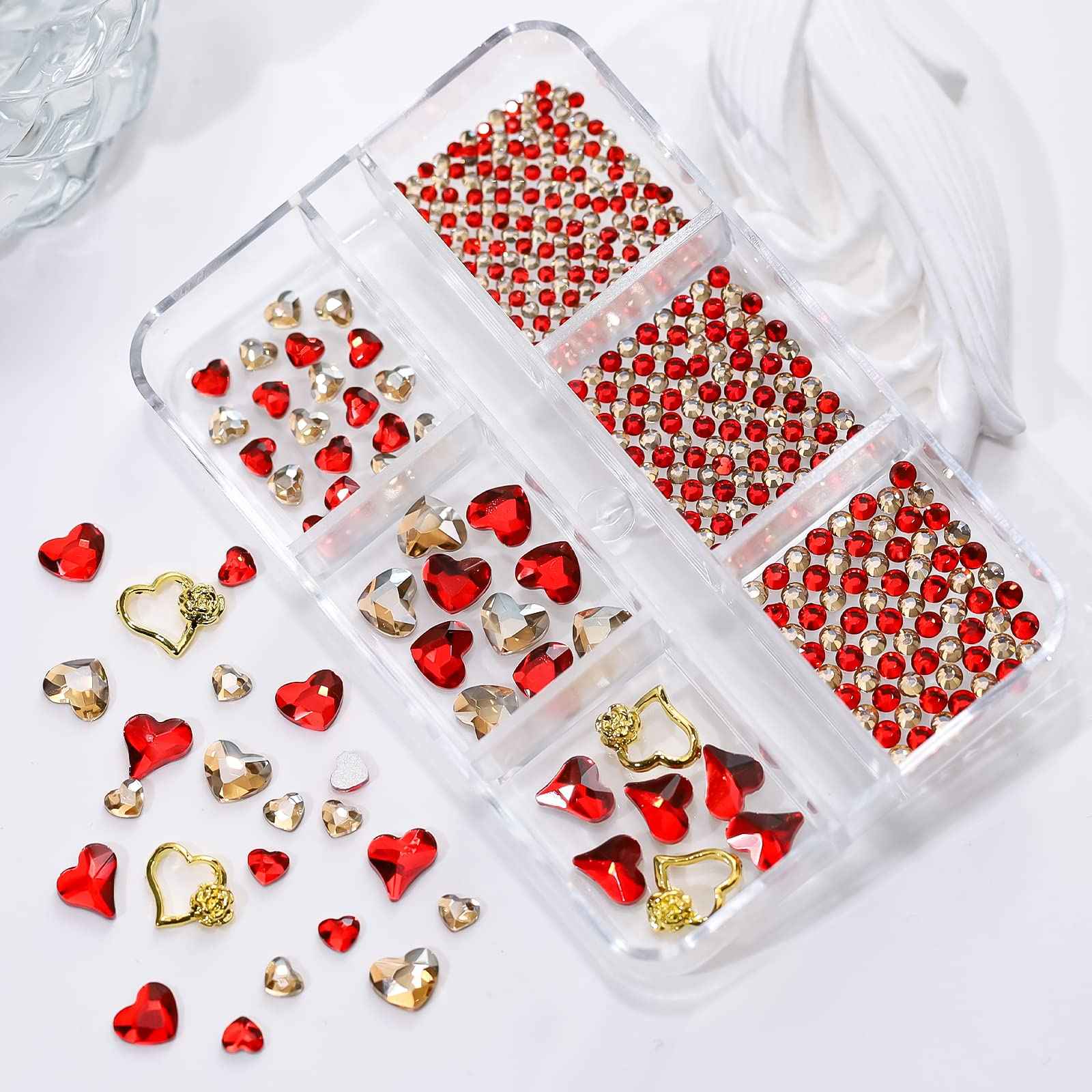 767pcs Red Heart Nail Art Charms Love Gems Glitter Valentines Decoration 3D Red Gold Round Beads Flatback Diamonds Design Rose Nail Studs Jewel Craft Clothes Shoes Supplies for Women