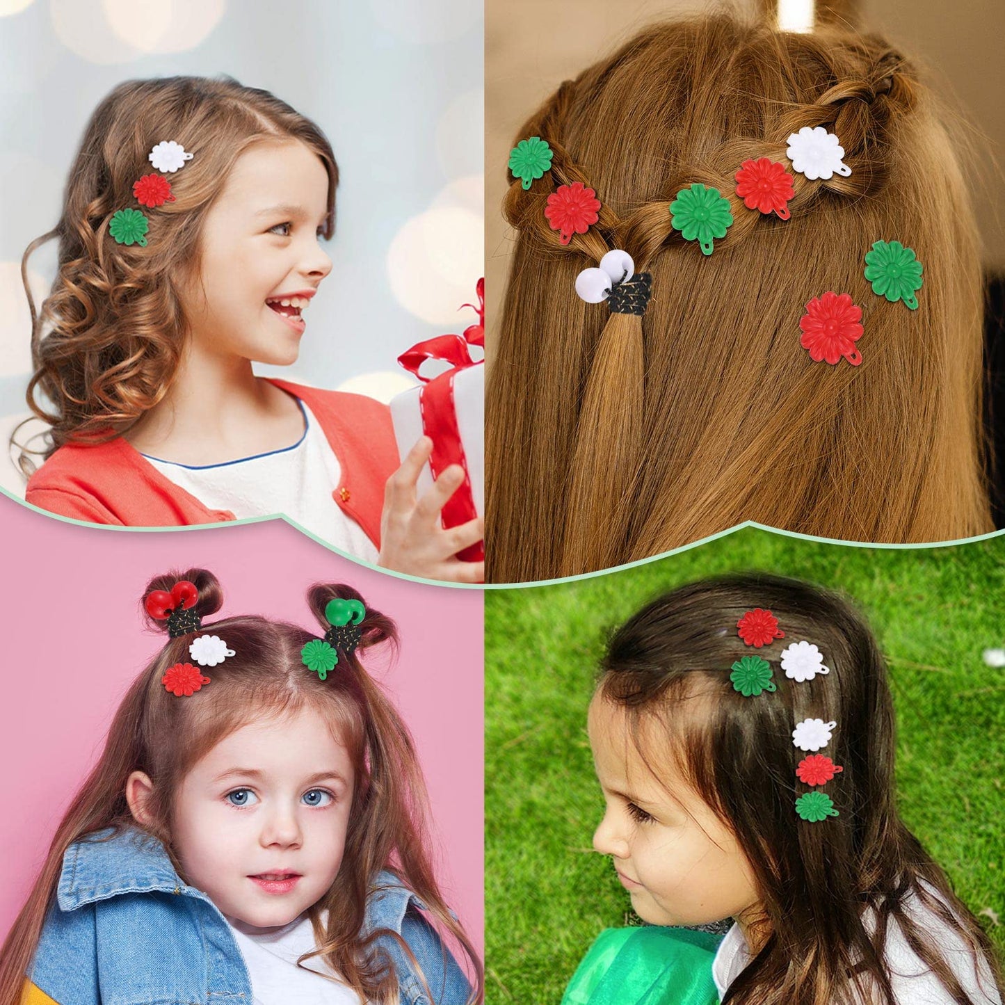 72 Pcs Hair Accessories Set - Self Hinged Barrettes, Hair Balls, Bow Flowers, Plastic Clips for Girls, Baby, Toddler (Red, Green, White)