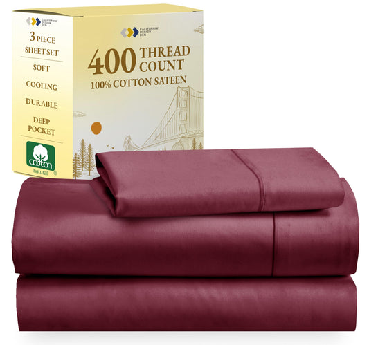 California Design Den Soft 100% Cotton Sheets, Twin Sheets Set, 400 Thread Count Sateen Bedding for Dorm Rooms & Adults, Deep Pocket Sheets, Cooling Sheets, Twin Bed Sheets (Burgundy Red)