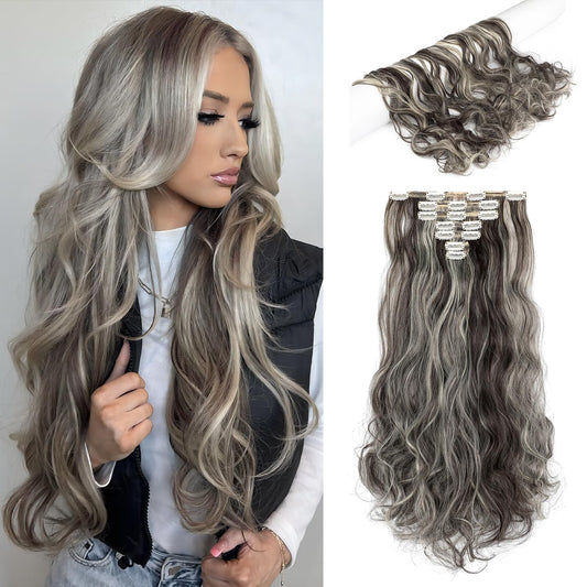 Cephermer Hair Extensions Wavy 7 PCS Clip in Hair Extensions 24" Long and Thick 170g Synthetic Hairpieces Double Weft Natural Soft Hair for Women Dark Brown Mix Bleach Blonde