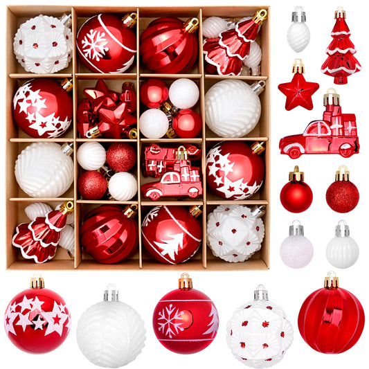 FestiveBliss 42 Pcs Christmas Ornaments, Various Styles of Christmas Ball Ornaments, Christmas Balls for Holiday Xmas Tree Decor, Hanging Ornament for Indoor Decoration (Red & White)