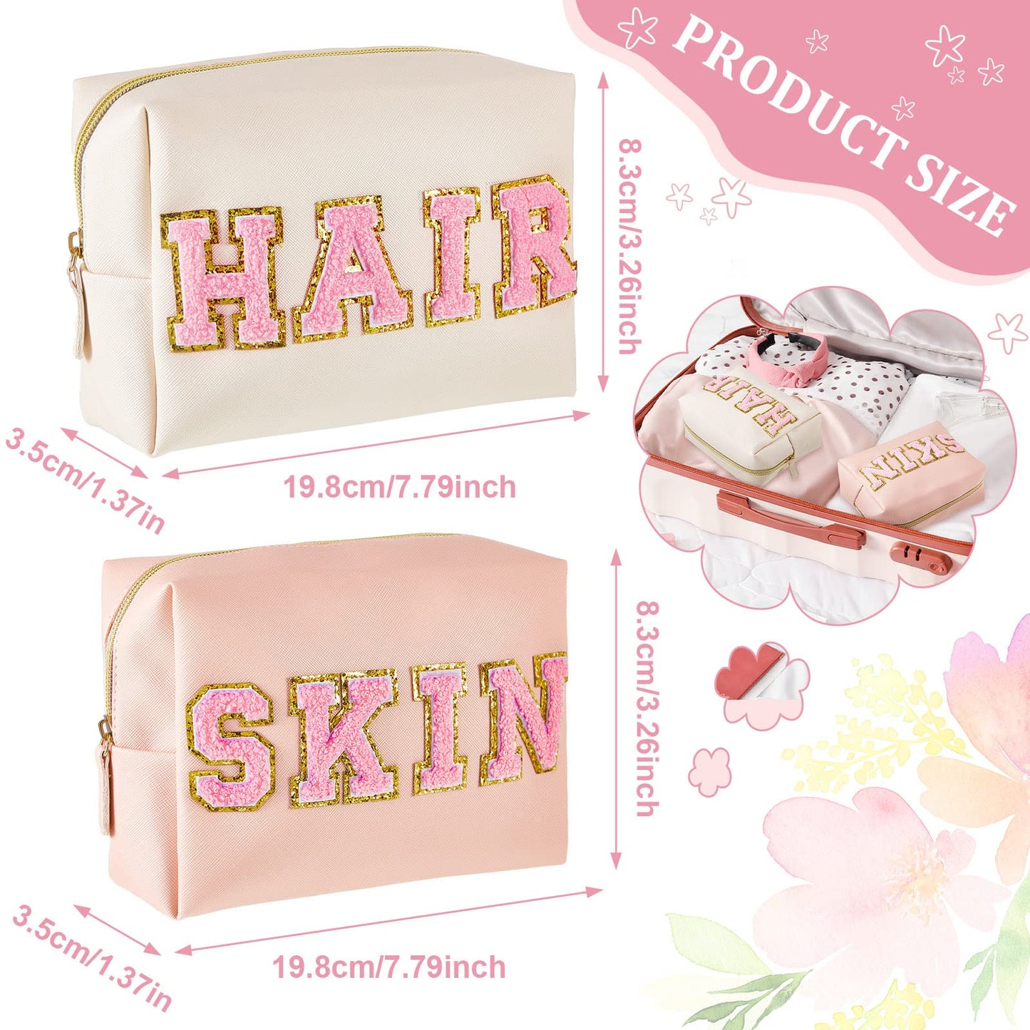 Patelai 2 Pcs Preppy Makeup Bags Chenille Letter Patch Bag Face Skin Hair Stuff Aesthetic Cosmetic Bag Travel Zipper Pouch Makeup Organizer Graduation Gift for Girls(White, Pink, Body, Face)