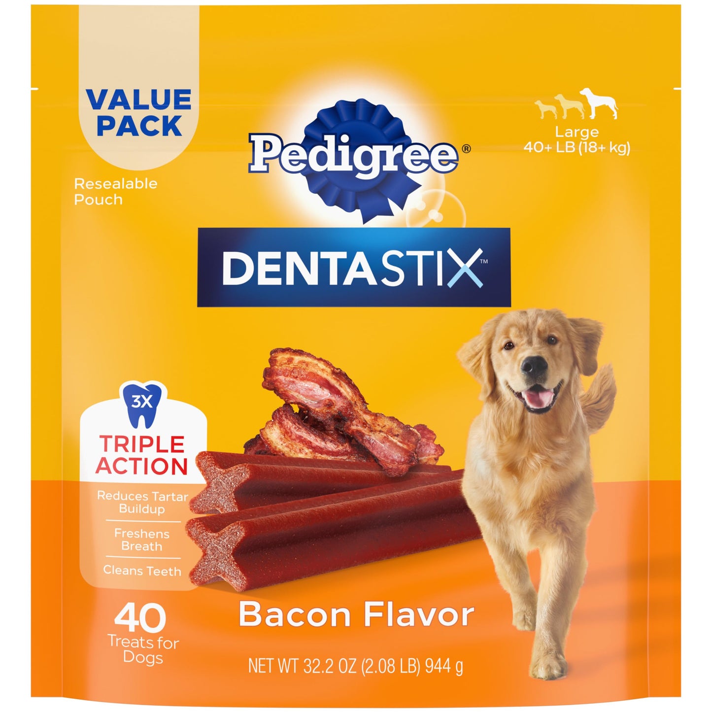 Pedigree DENTASTIX Adult Large Dog Dental Care Treats, Bacon Flavor, 2.08 lb. Pack (40 Treats)