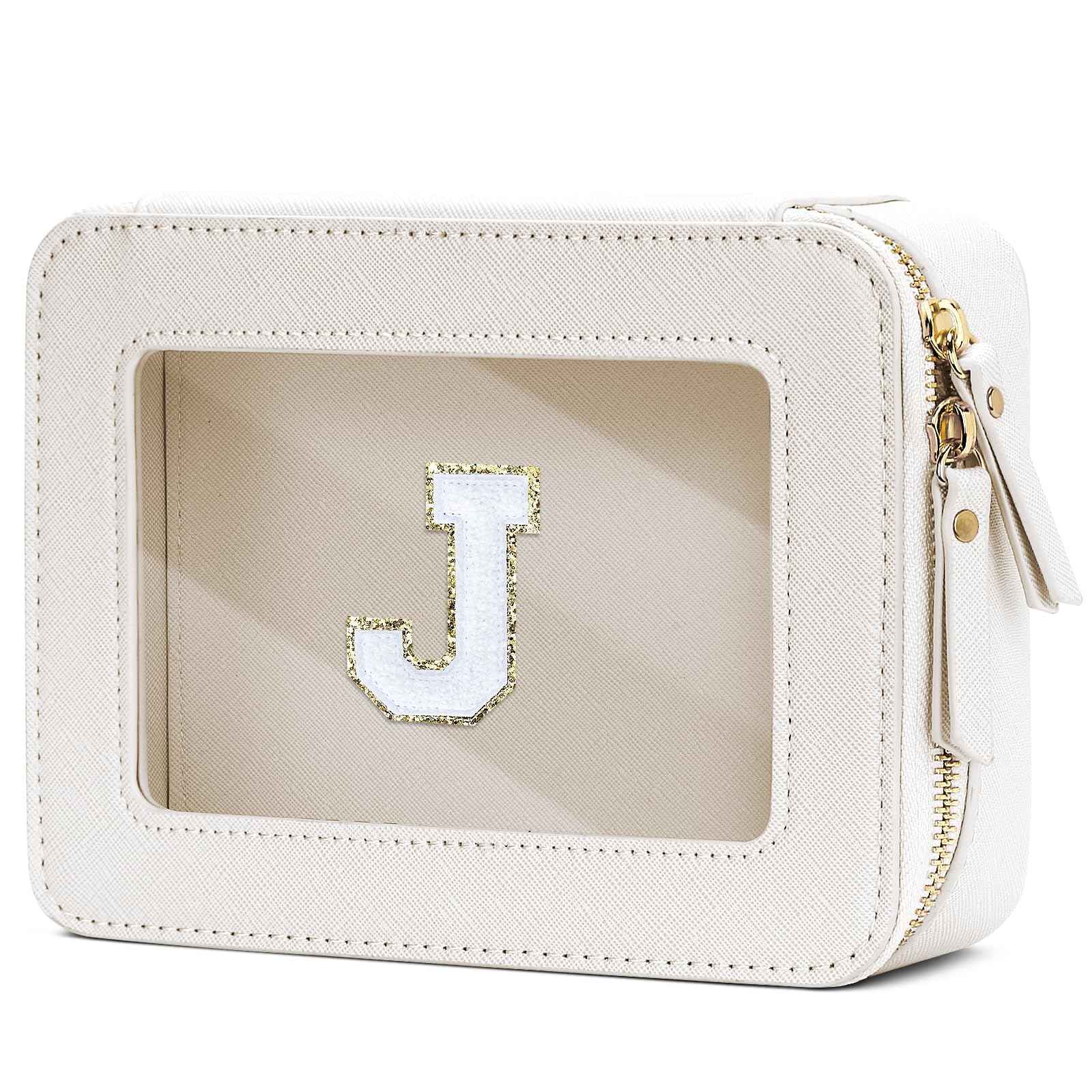 CLOUDWINGS Initial Travel Toiletry Bag - Cosmetic Bags for Girls with Zipper, Clear & Potable Makeup Bag for Travel, Cosmetic Pouch Perfect Gifts for Graduation (Beige, J)