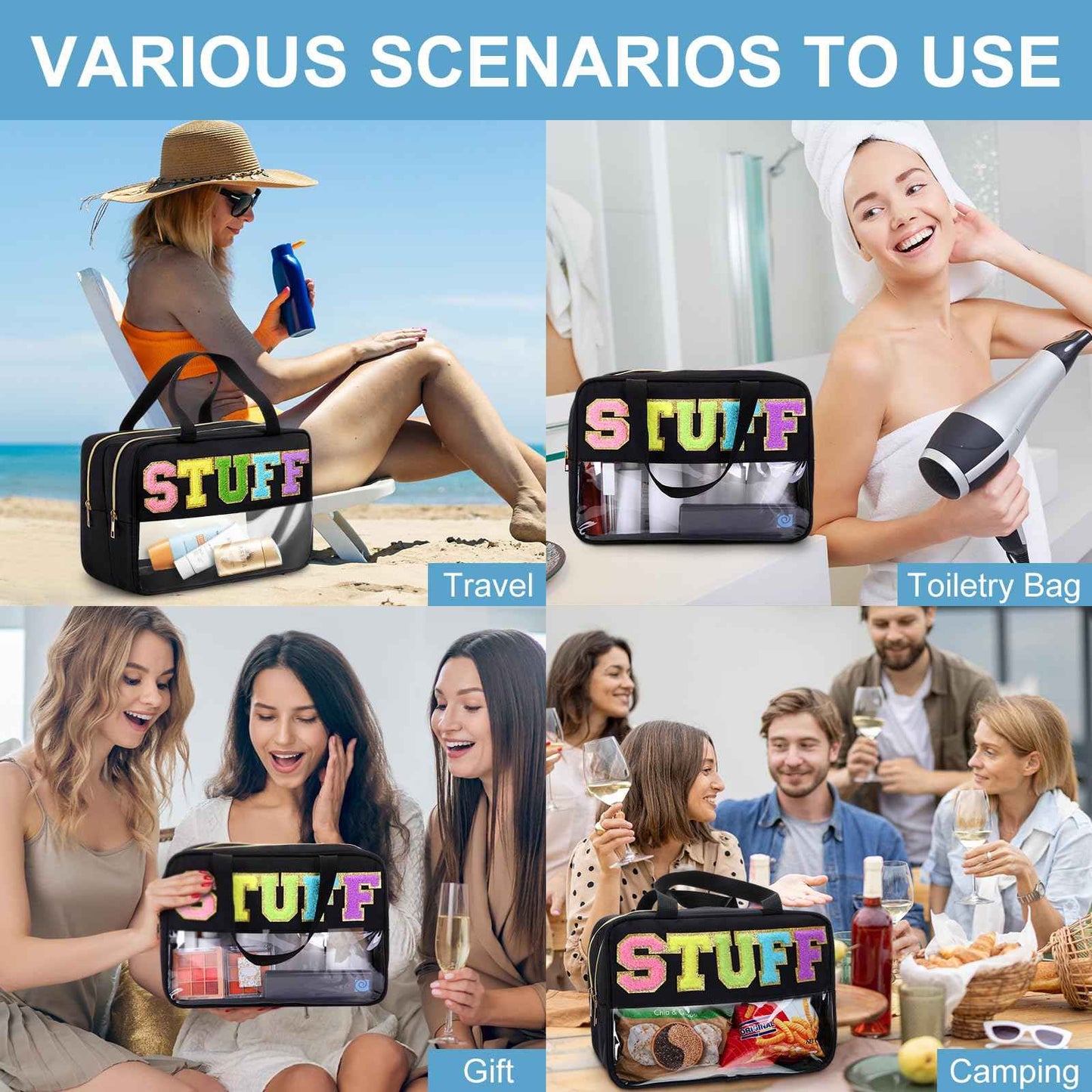 Pinkunn Large Stuff Bags with Handle Double Zippered Chenille Letter Stuff Bag Black Extra Large Clear Travel Pouch Waterproof Nylon Makeup Cosmetic Bag for Women Girls Travel Toiletry Supplies