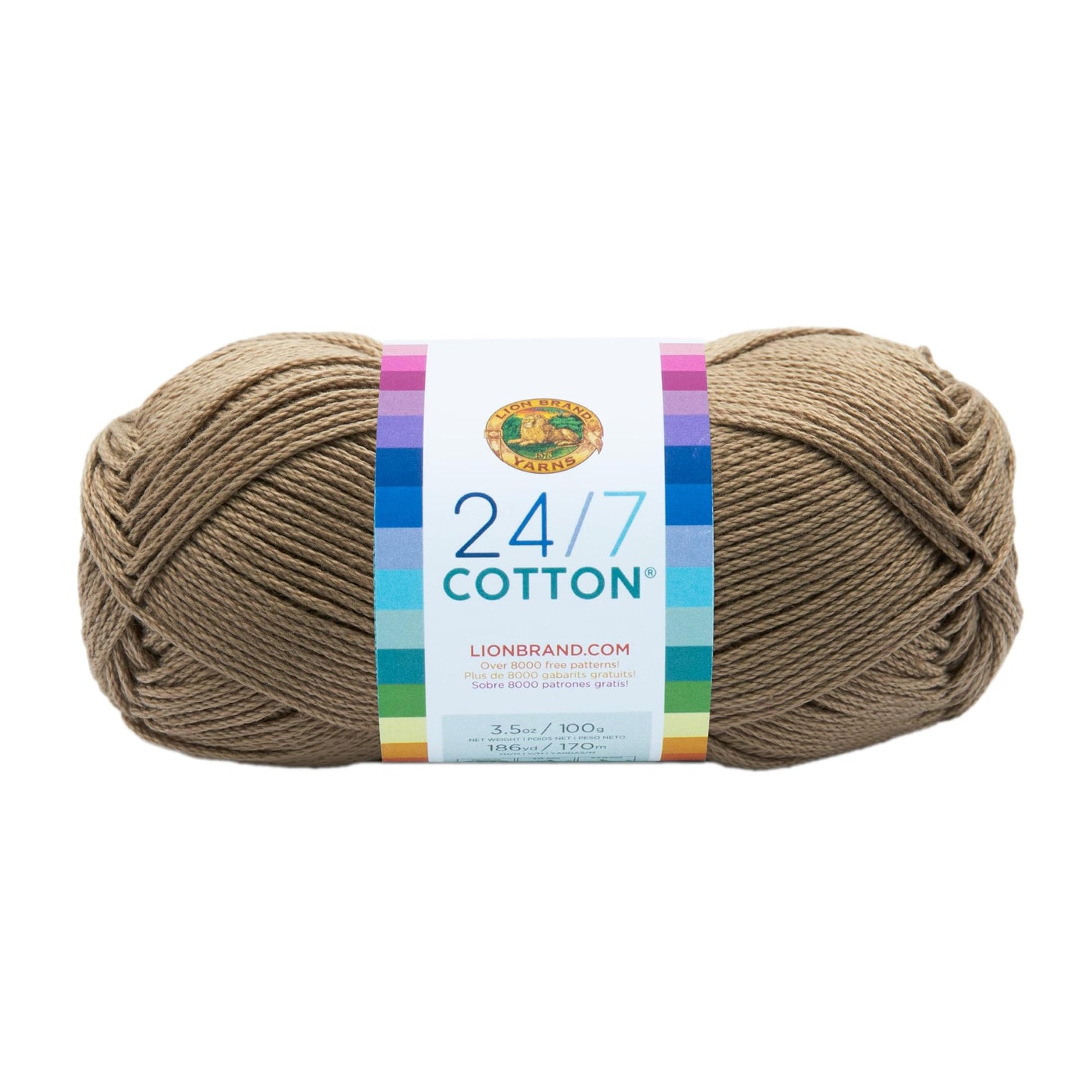 Lion Brand 24/7 Cotton Yarn, Lightweight Yarn for Knitting, Crocheting, and Crafts, Taupe, 1 Pack