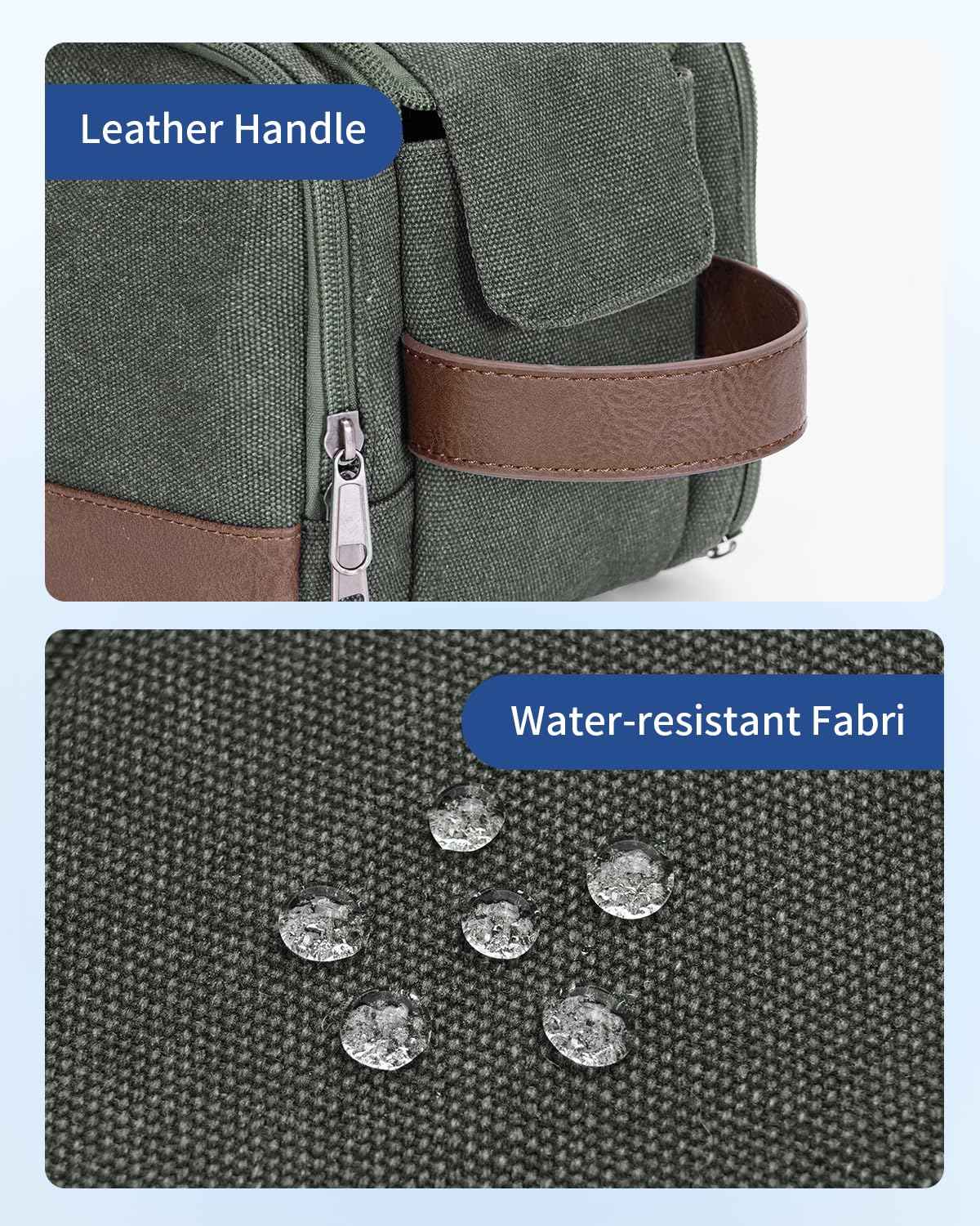 WANDF Toiletry Bag for Men Travel Toiletry Organizer Canvas and Leather Dopp Kit Water-Resistant Shaving Bag for Travel Accessories (Green, Medium)