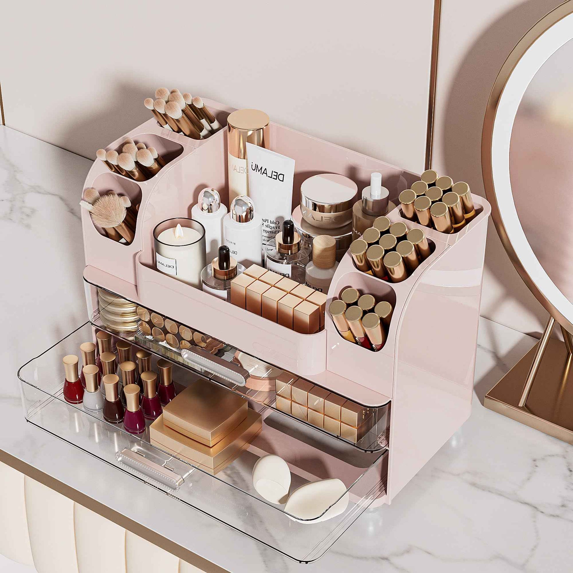 Delamu Makeup Organizer Countertop with 6 Brush Holder, Bathroom Countertop Organizer with 2 Large Drawers, Cosmetic Display Case for Vanity, Ideal Christmas Gifts for Women Girls, Pink