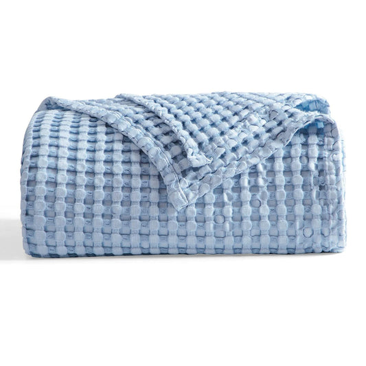 Bedsure Cooling Cotton Waffle Weave Blanket - Lightweight Breathable Blanket of Rayon Derived from Bamboo for Hot Sleepers, Luxury Throws for Bed, Couch and Sofa, Sky Blue, 50x70 Inches